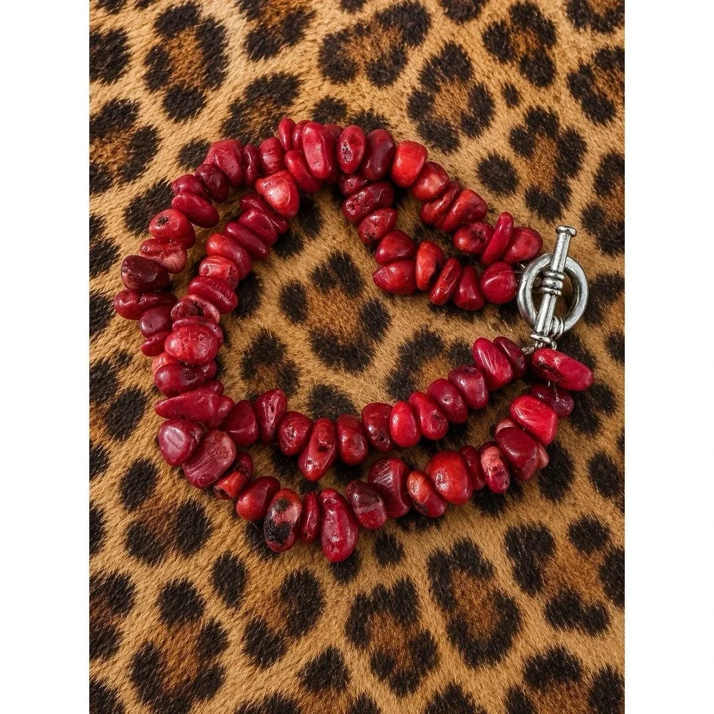 Red Coral Look Chip Bracelet 2 Strand Chunky Boho Statement Toggle Clasp